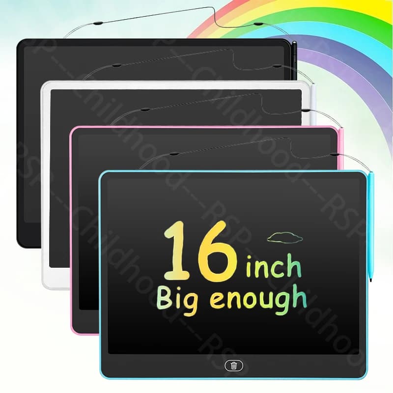 לוחות כתיבה LCD לילדים בכמה צבעים, עם הכיתוב 16 inch על המסך