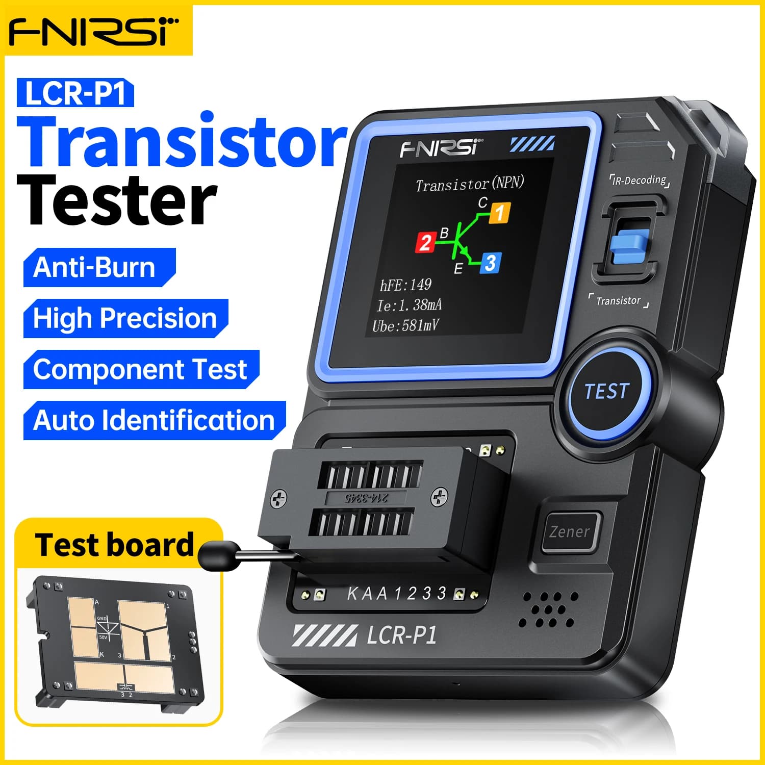 בודק טרנזיסטורים FNIRSI LCR-P1 שחור עם צג כחול, כפתור TEST ושקע בדיקה לרכיבים