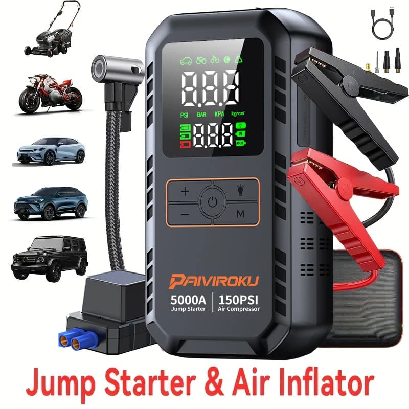 מתנע חירום PAIVIROKU 5000A עם מדחס אוויר, מהדקים אדום ושחור וצג דיגיטלי