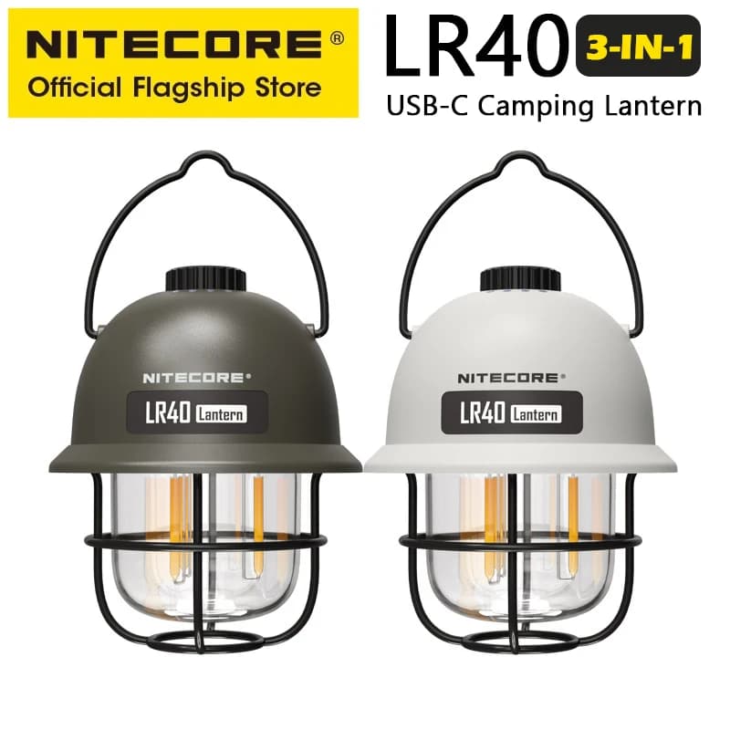 פנס קמפינג NITECORE LR40 בצבע ירוק כהה ולבן עם ידית מתכת וכיסוי זכוכית