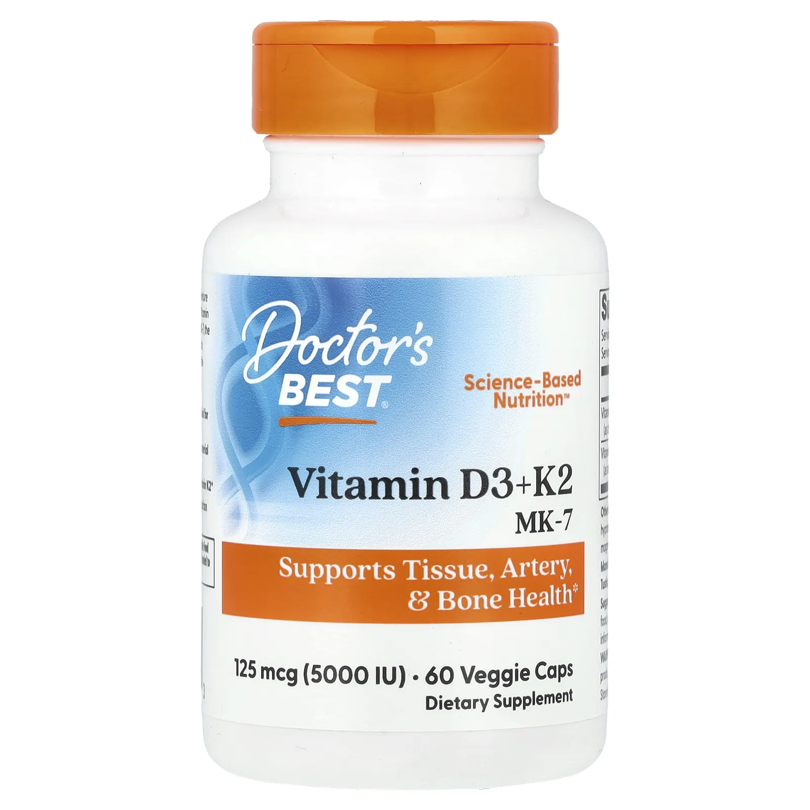 בקבוק Doctor's Best ויטמין D3 + K2 MK-7, 60 כמוסות צמחיות