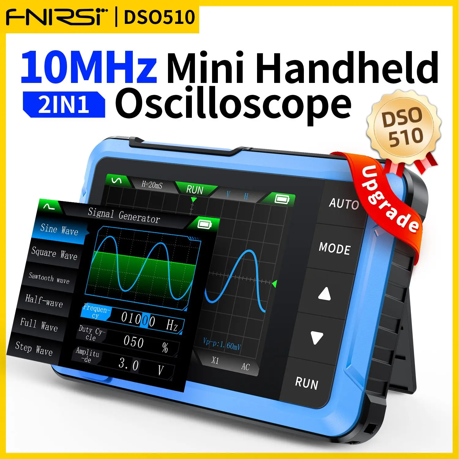 אוסצילוסקופ כף יד כחול FNIRSI DSO510 עם מסך וחיבורי בדיקה