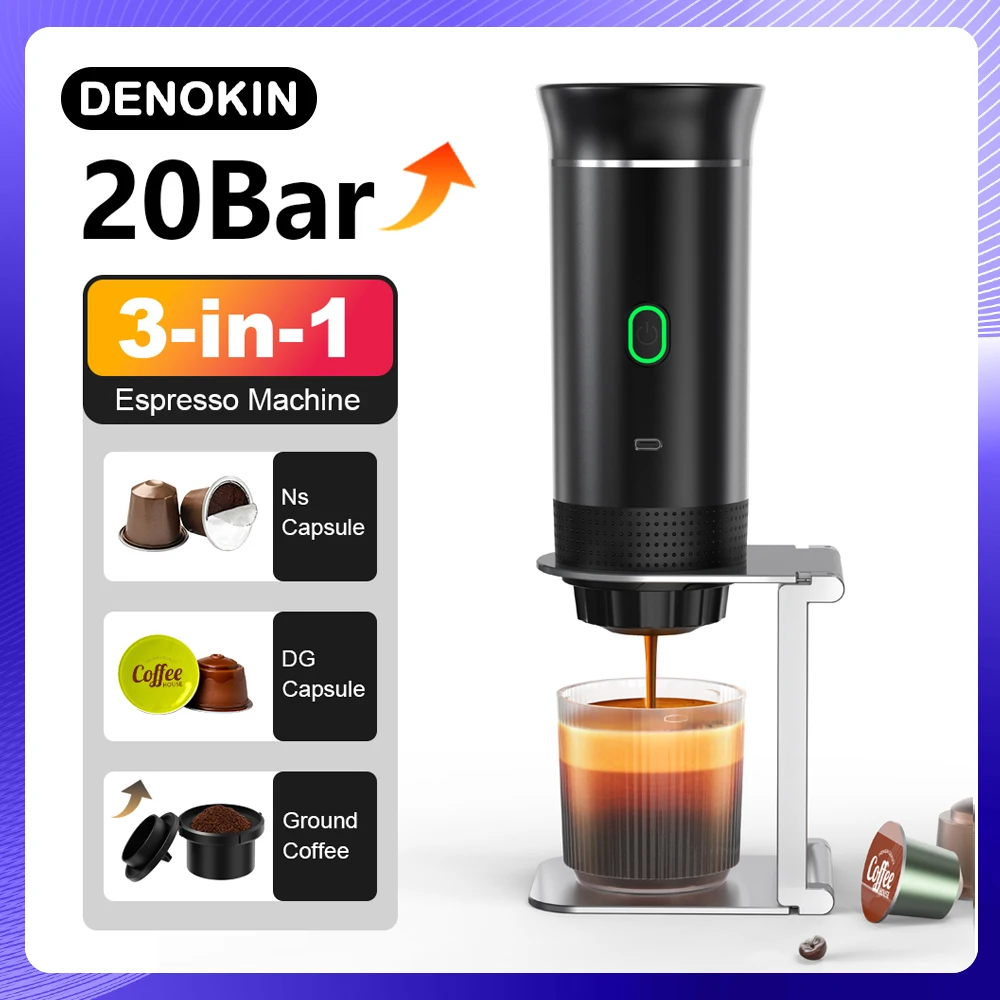 מכונת אספרסו ניידת נטענת DENOKIN שחורה 3 ב-1