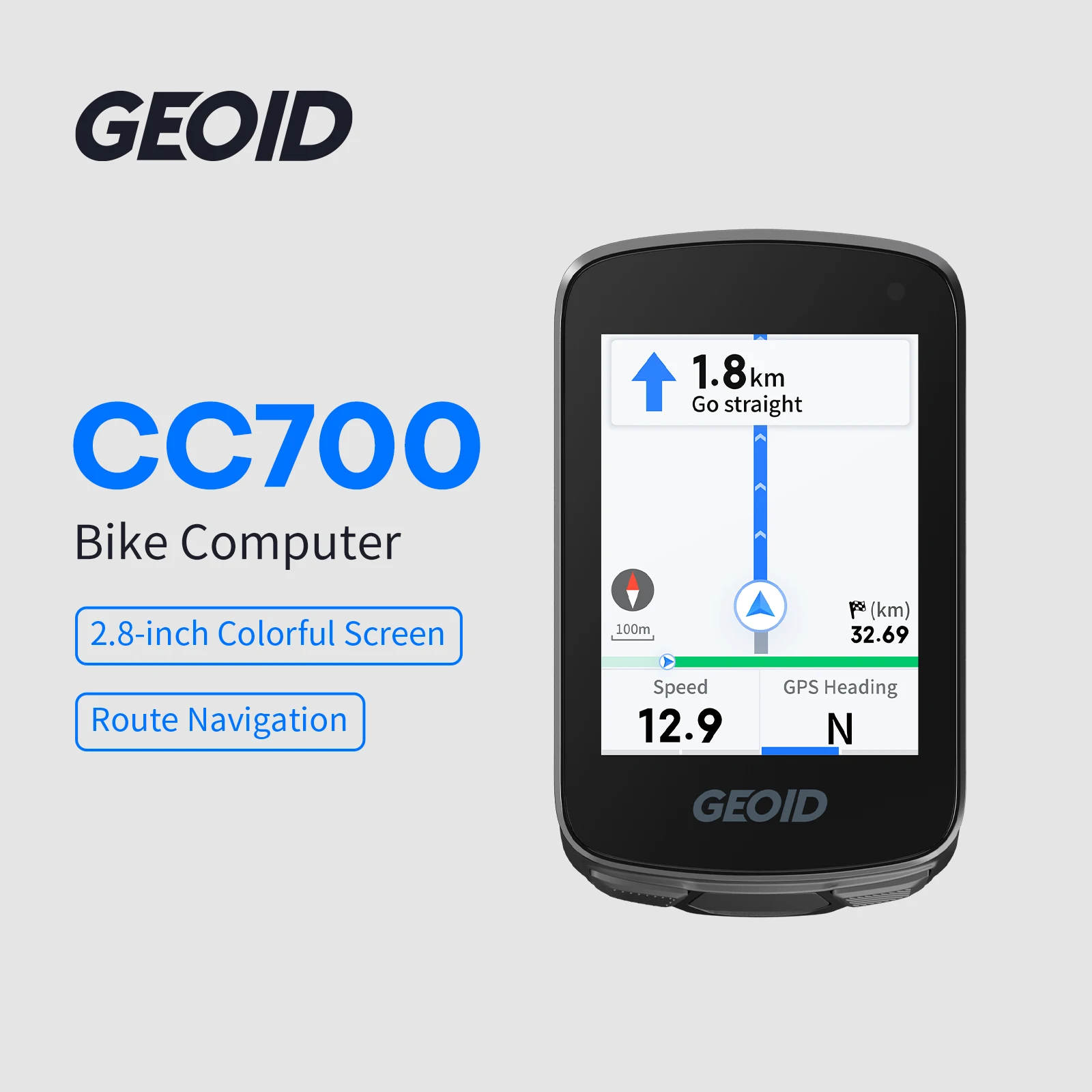 מחשב אופניים GEOID CC700 עם מסך צבע ומסך ניווט מוצג, על רקע אפור בהיר