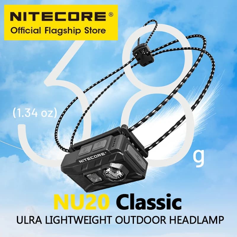פנס ראש NITECORE NU20 Classic במשקל 38 גרם עם רצועה שחורה-לבנה ויציאת USB-C