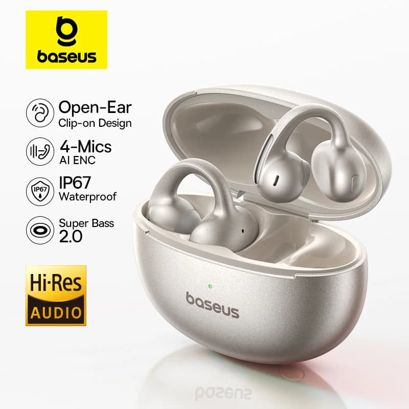אוזניות Baseus Bowie MC1 Pro בצבע כסף עם קייס טעינה פתוח, ותוויות Open-Ear קליפס, IP67 ו-Hi-Res Audio