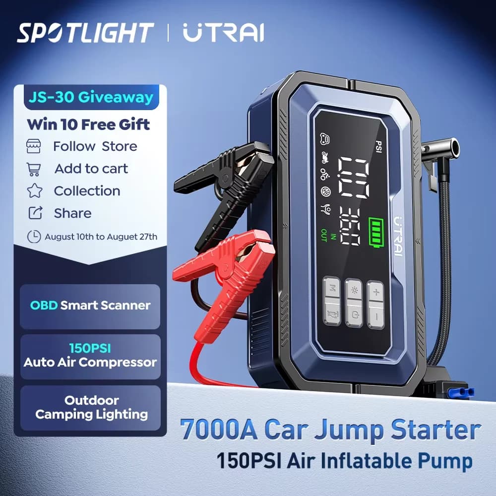 UTRAI 7000A – ג'אמפר לרכב עם מדחס אוויר, סורק אבחון OBD ותאורת קמפינג
