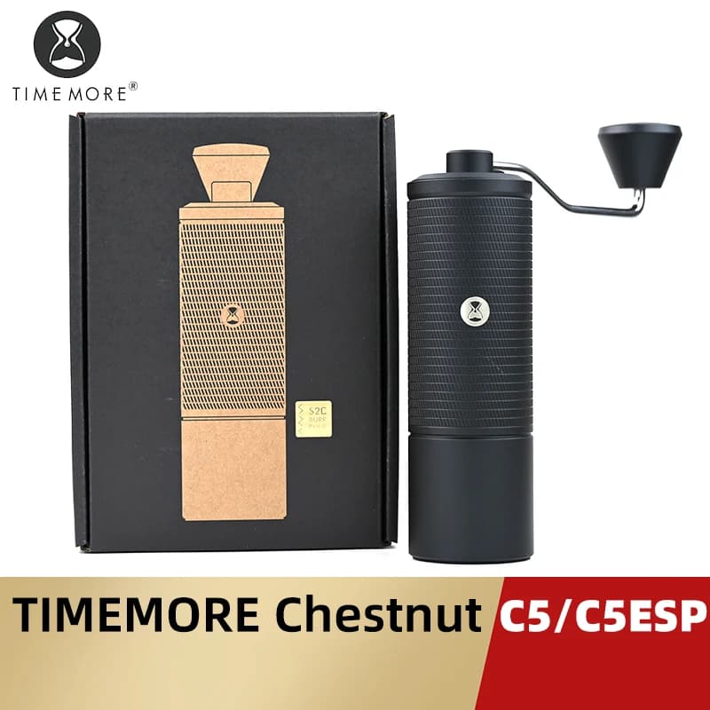 מטחנת קפה ידנית שחורה TIMEMORE Chestnut C5 ליד קופסה