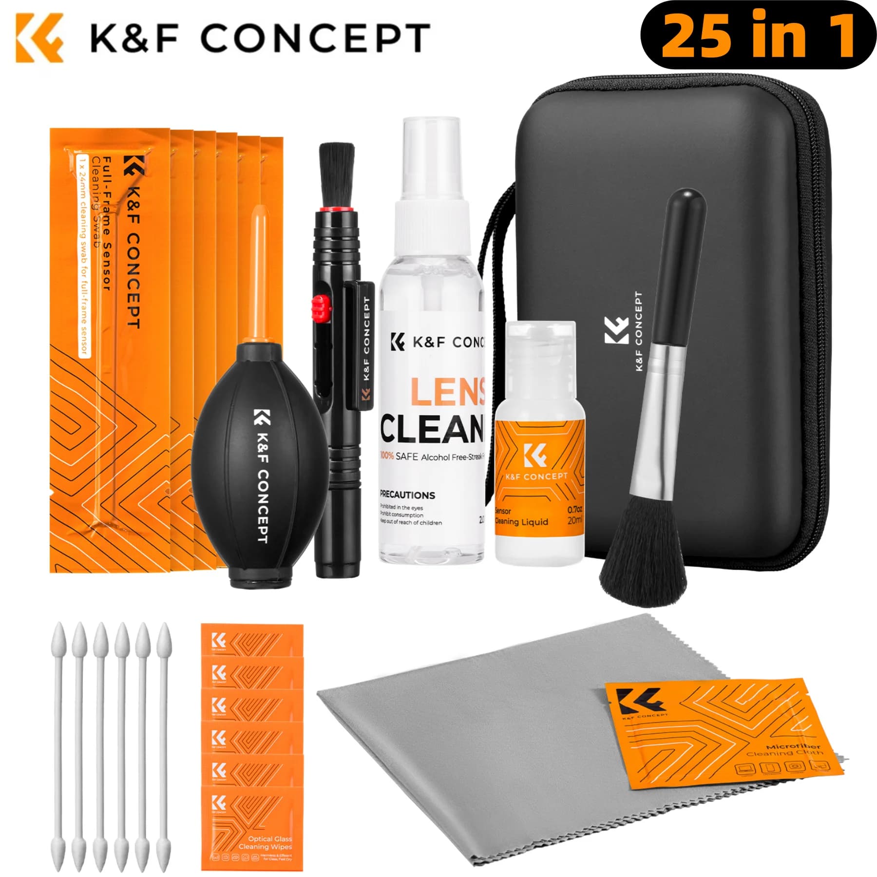 ערכת ניקוי K&F Concept 25 ב-1 עם מפוח אוויר, עט ניקוי, נוזל וספריי, מטלית מיקרופייבר, מקלוני חיישן ותיק EVA שחור