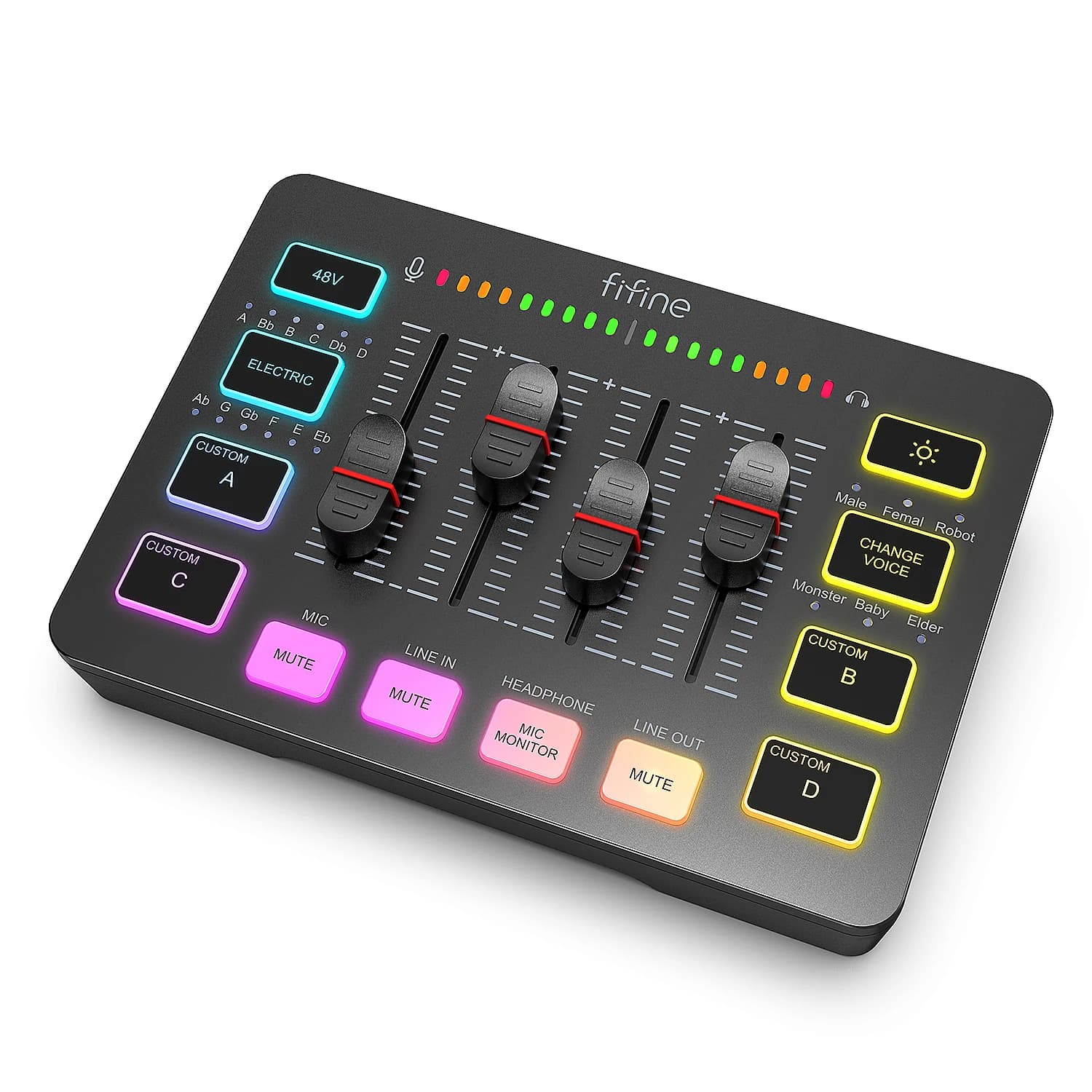מיקסר שחור FIFINE AmpliGame SC3 עם פיידרים, כפתורי RGB וכניסת XLR
