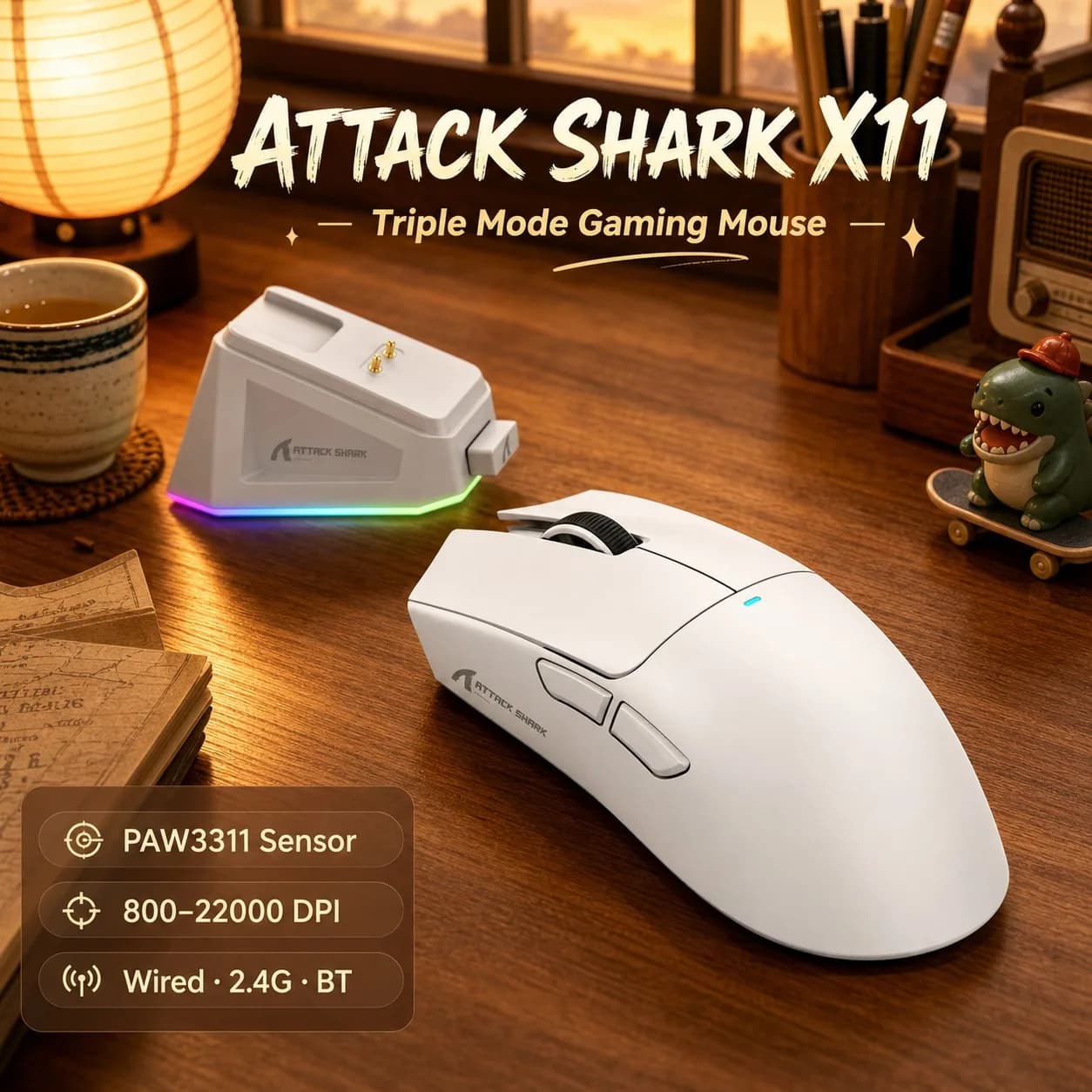 עכבר גיימינג אלחוטי Attack Shark X11 לבן עם תחנת טעינה