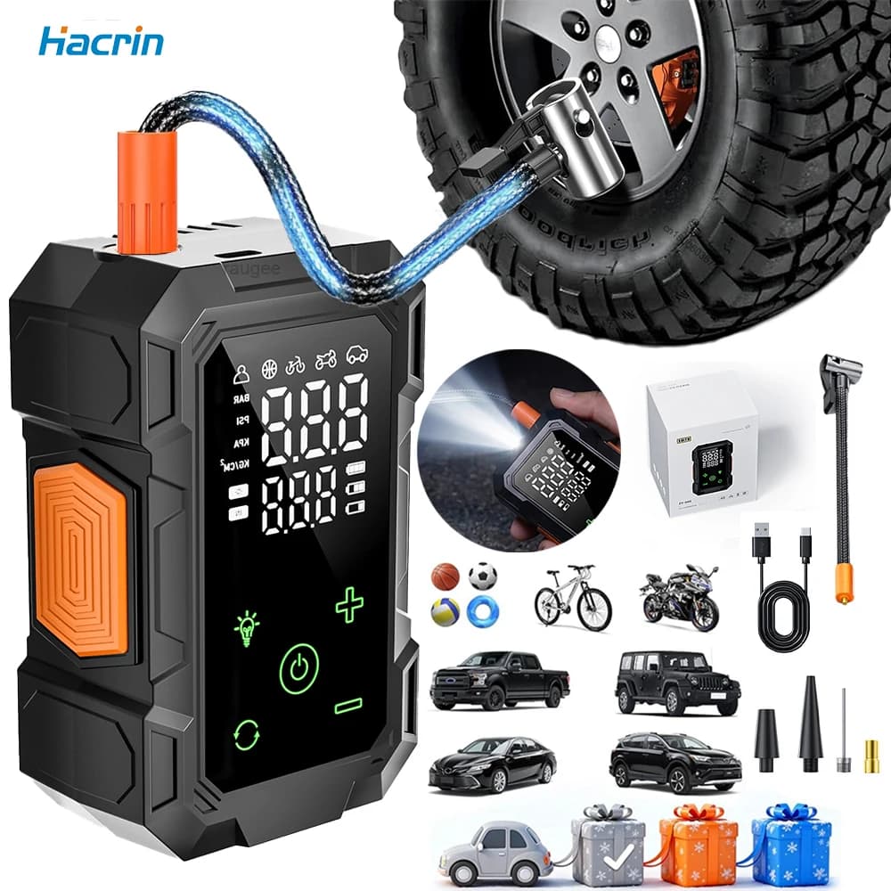 מנפחן צמיגים Hacrin עם מסך דיגיטלי, תאורת LED וחיבורים לצמיגים, כדורים וכלים ספורטיביים שונים