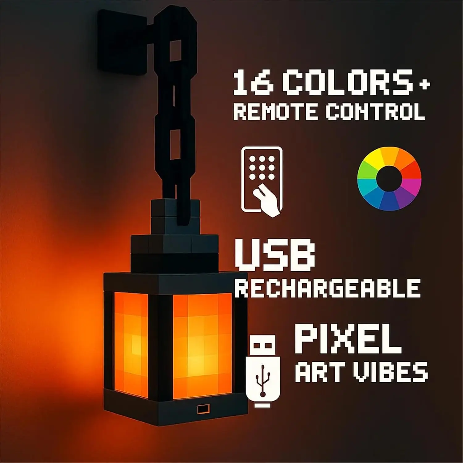 מנורת לילה בסגנון פיקסל, 16 צבעים עם שלט, נטענת USB