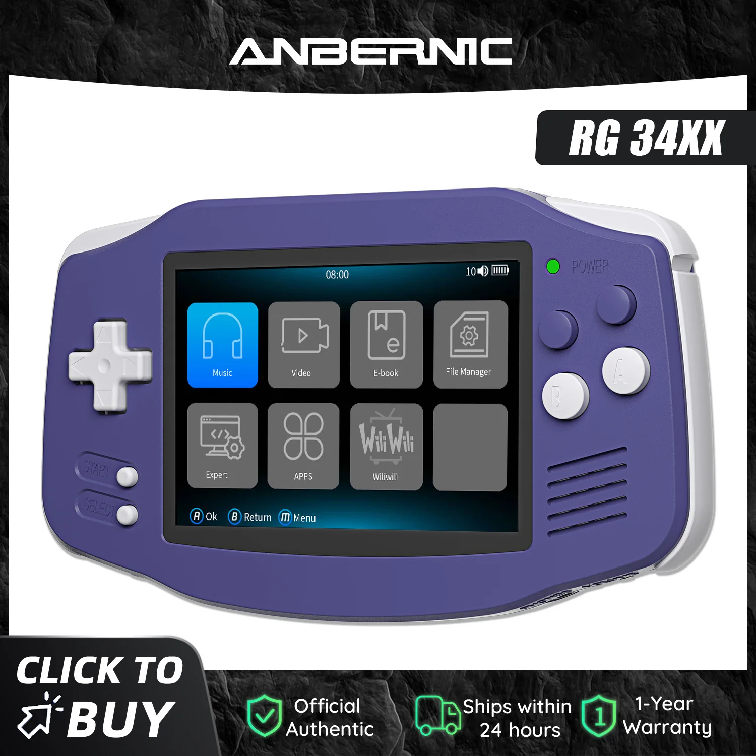 קונסולת רטרו Anbernic RG34XX עם מסך IPS 3.4 אינץ' בצבע סגול