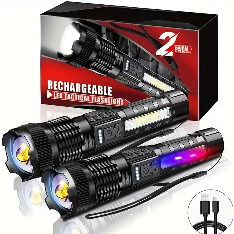 פנסי LED טקטיים נטענים עם זום, לצד קופסת המוצר וכבל טעינה USB