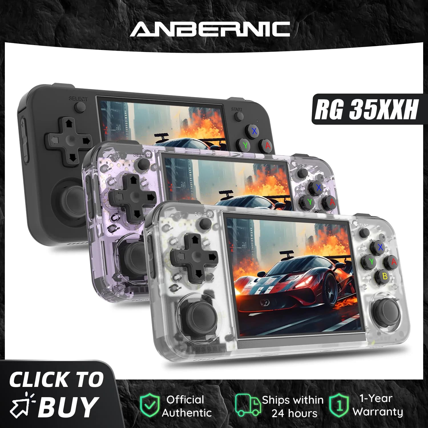 קונסולת רטרו ANBERNIC RG35XX H בצבעים שונים עם מסכי משחק