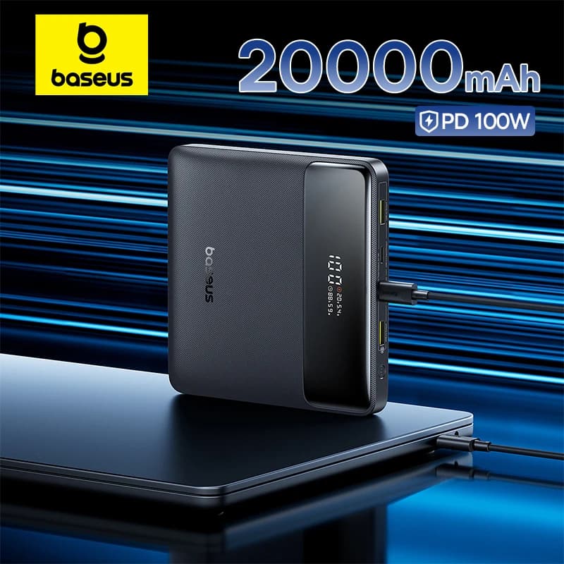 סוללת גיבוי שחורה Baseus 20000mAh עם תצוגה דיגיטלית וכבל USB-C, PD 100W