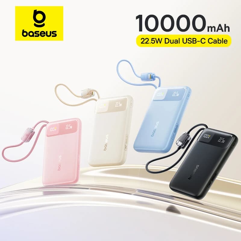 פאוור בנק Baseus 10000mAh עם כבל USB-C כפול מובנה – טעינה מהירה 22.5W