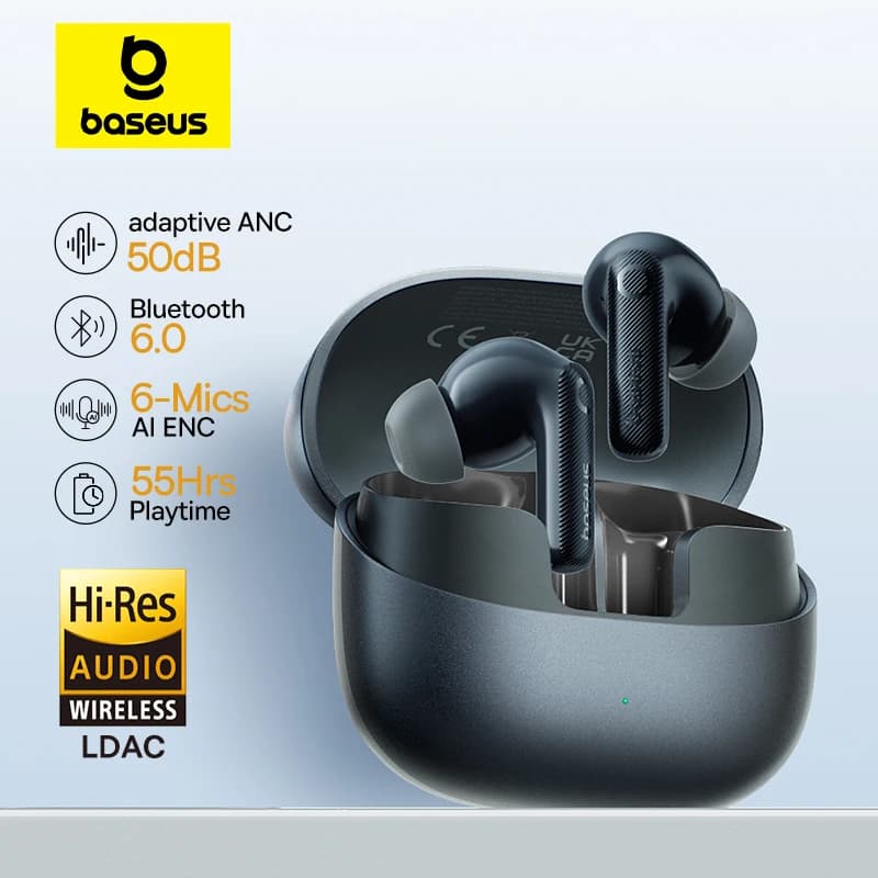 אוזניות Baseus EP10 Pro שחורות בתוך נרתיק פתוח, עם סימון ביטול רעשים 50dB