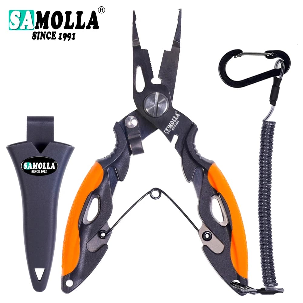 צבת דיג SAMOLLA מנירוסטה עם נדנדת חוט, נרתיק ומהדק קרס כתום