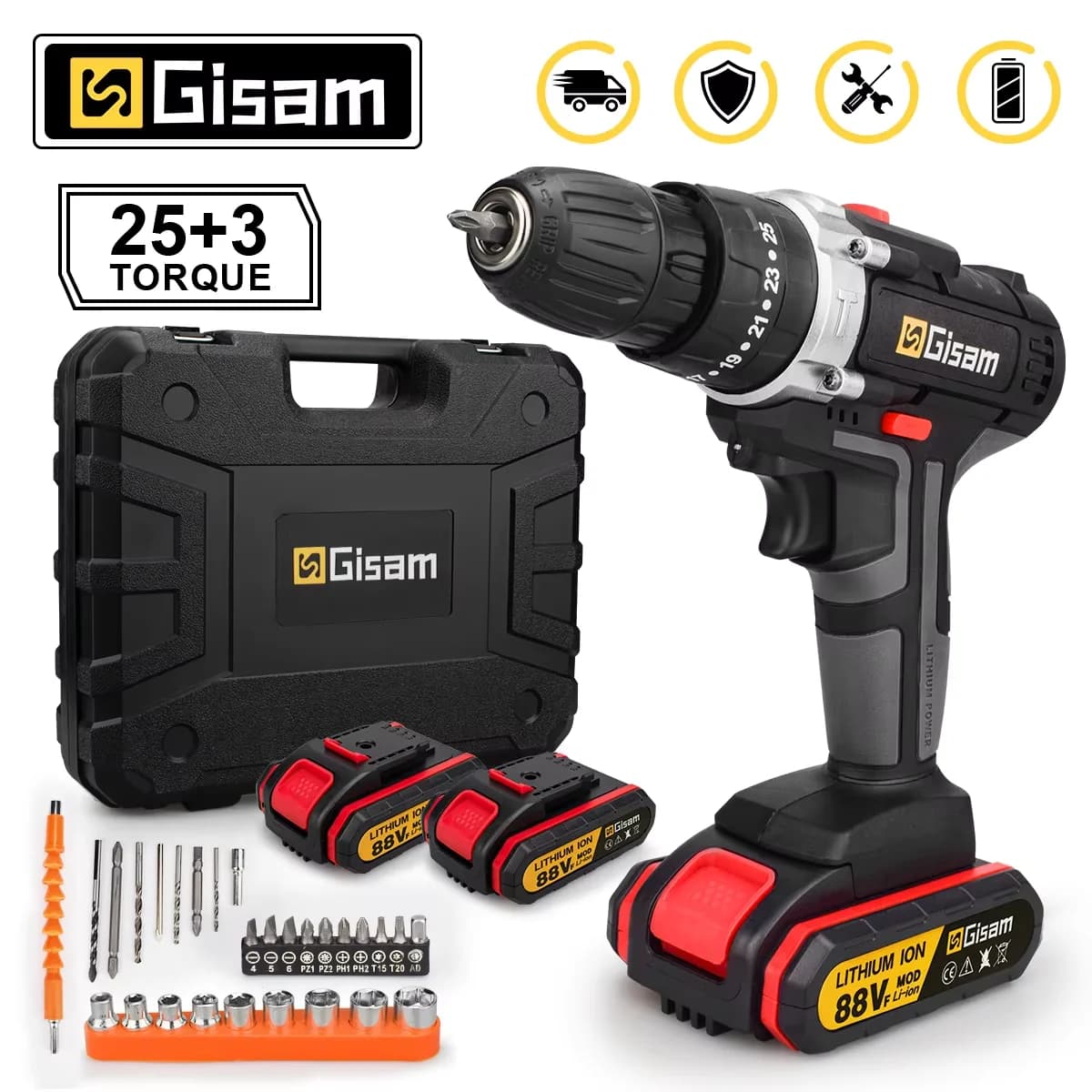 מקדחה-מברגה אלחוטית GISAM 21V עם 2 סוללות ותיק נשיאה