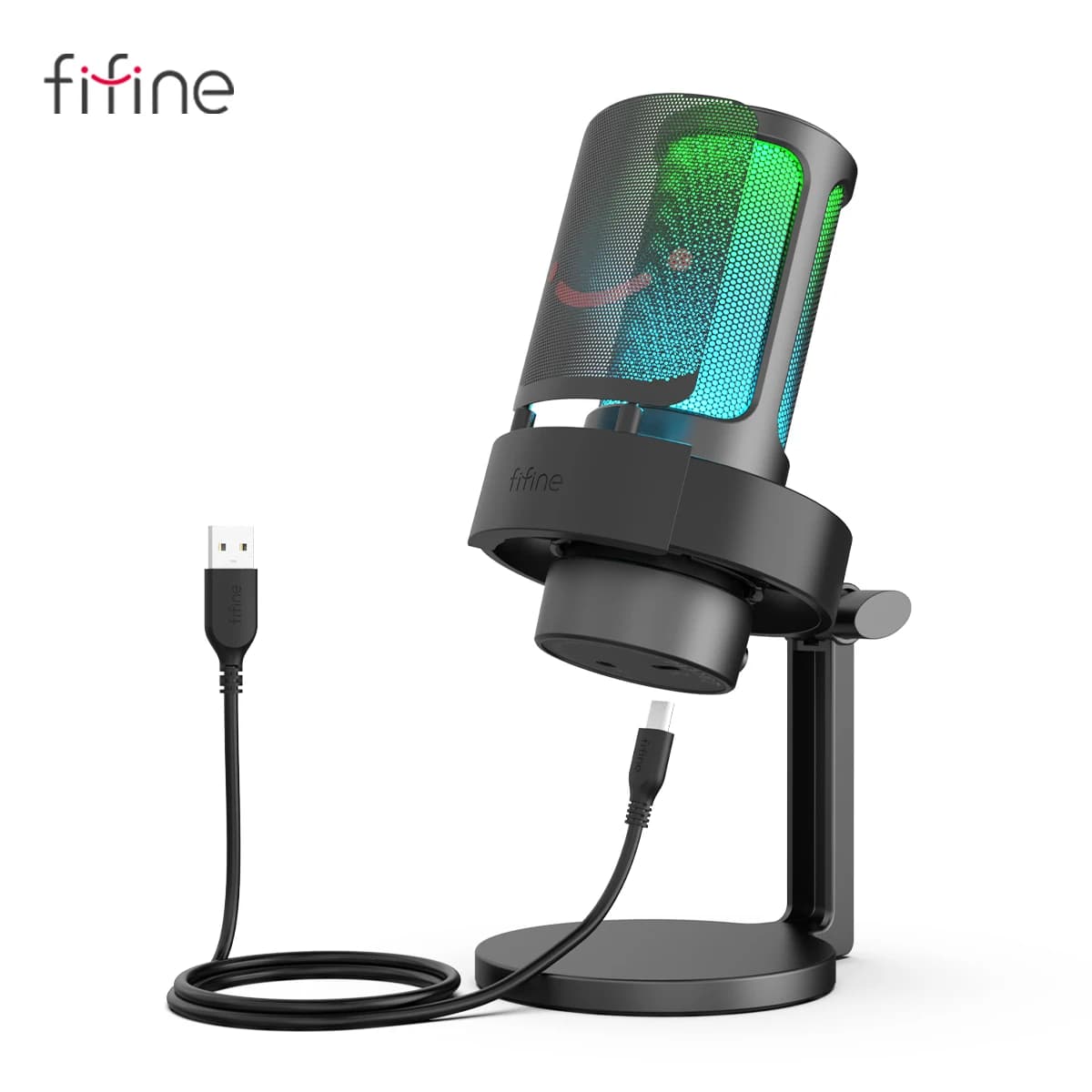 מיקרופון USB FIFINE A8 עם RGB תאורה ירוקה וכחולה, עם מעמד וכבל USB