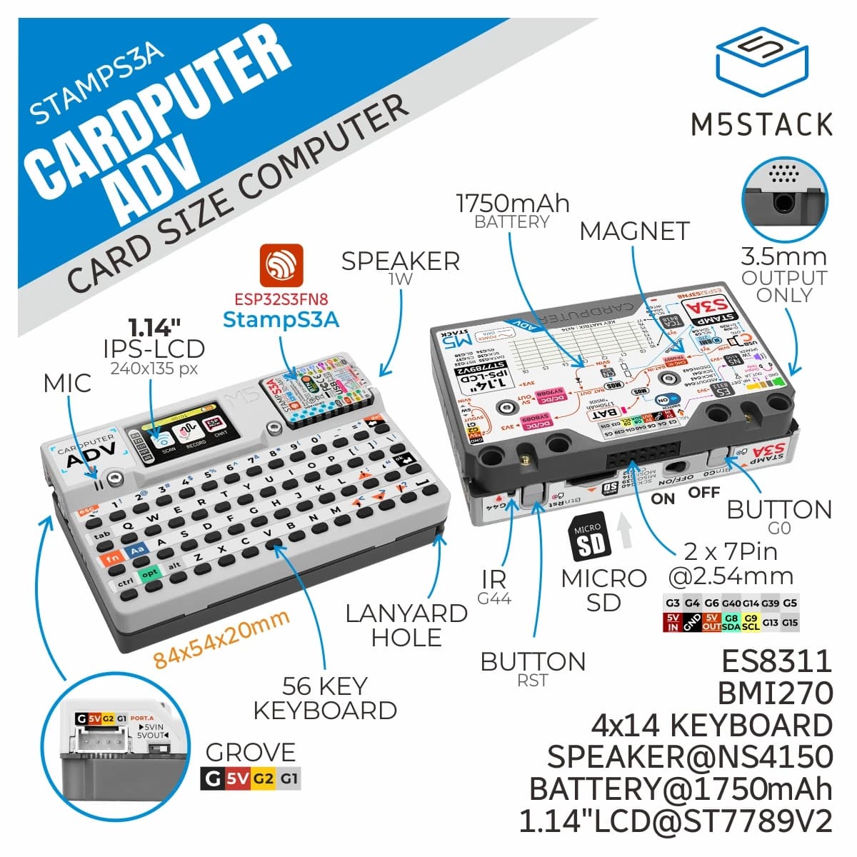 M5Stack Cardputer Adv עם מקלדת מובנית וספים טכניים