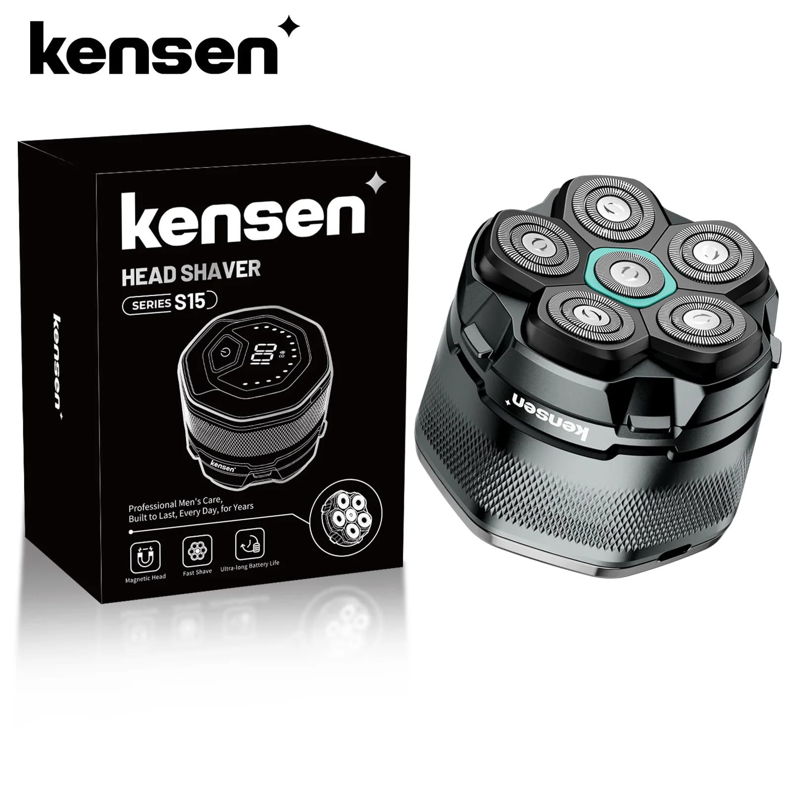 מכונת גילוח לראש KENSEN S15 עם ראשי גילוח 6D לצד האריזה השחורה