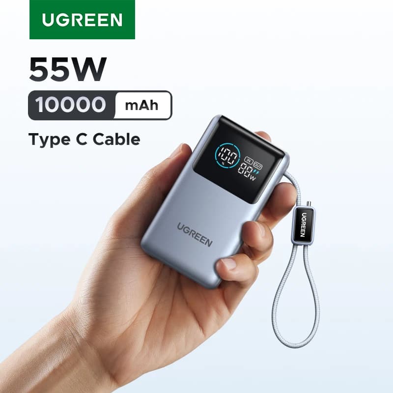 פאוור בנק UGREEN 55W 10,000mAh עם כבל Type-C מובנה