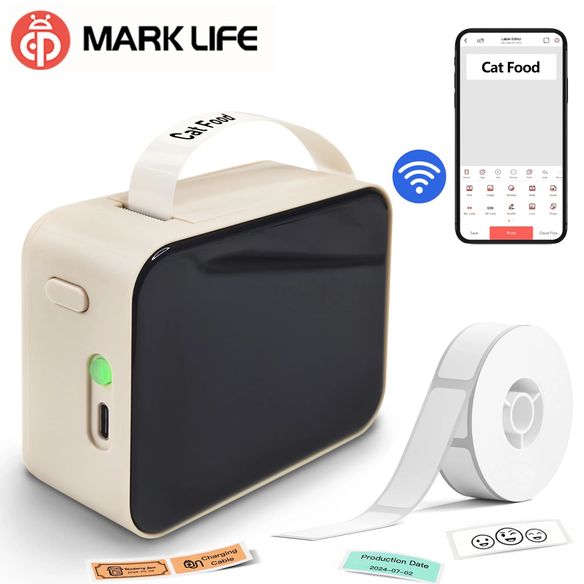 מדפסת מדבקות Marklife P15 בצבע קרם עם מסך שחור, גליל מדבקות לבן וטלפון עם אפליקציית העריכה