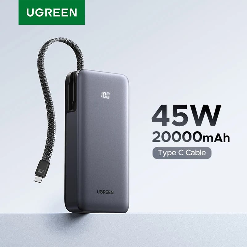 פאוור בנק UGREEN 45W 20,000mAh עם כבל Type-C מובנה