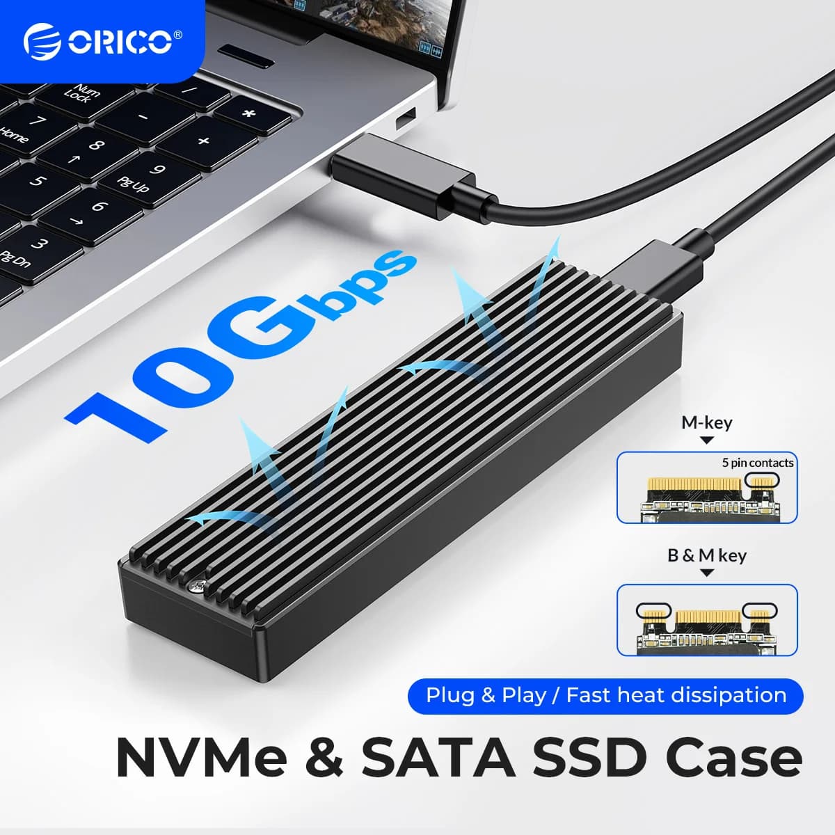 מארז ORICO שחור לדיסק M.2 NVMe מחובר למחשב נייד בחיבור USB, עם הכיתוב 10Gbps