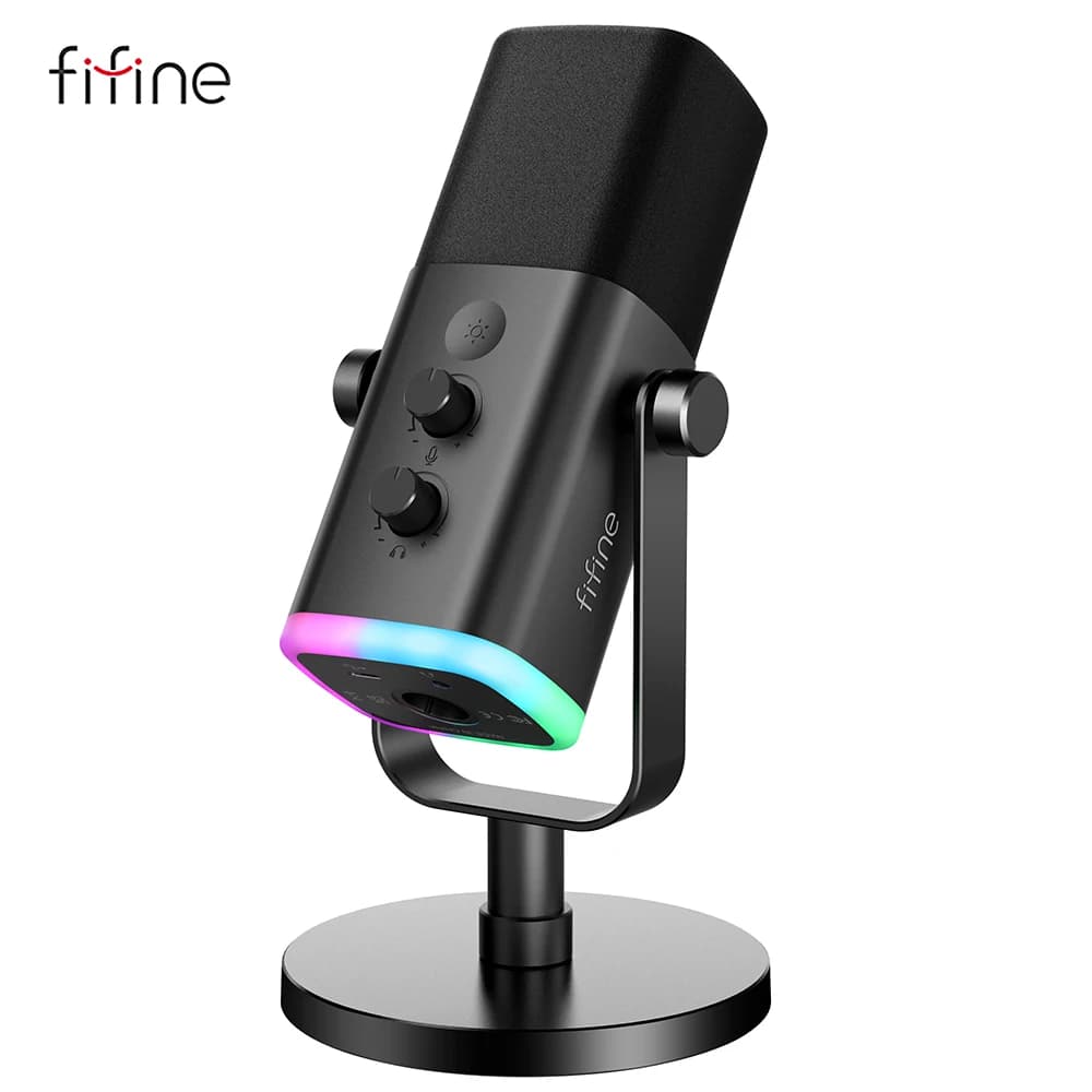 מיקרופון דינמי שחור FIFINE AmpliGame AM8 עם תאורת RGB, מעמד שולחני וכבל