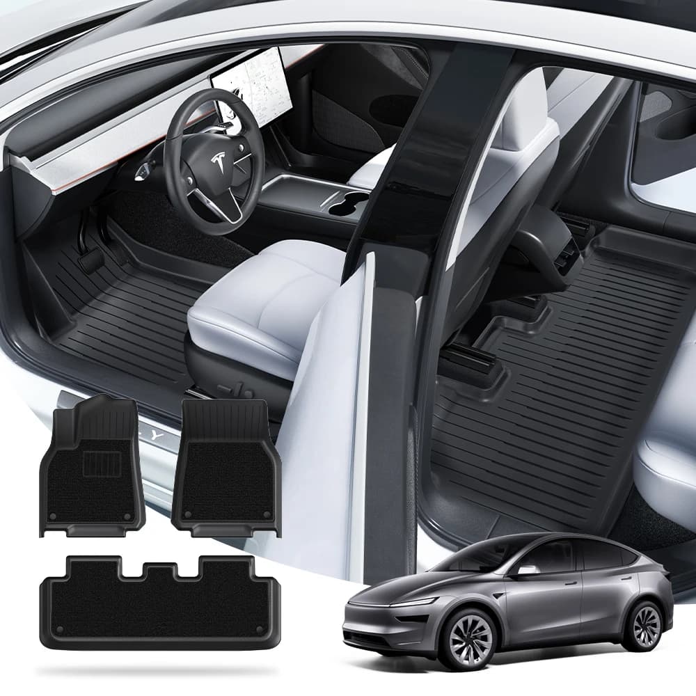 סט שטיחוני TPE שחורים לטסלה Model Y ג'וניפר, מוצגים בתא הנהג והנוסעים