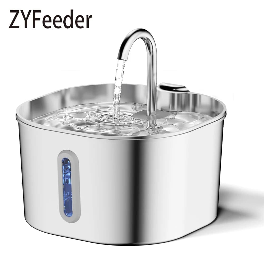 מזרקת מים לחתולים ZYFeeder 2.2 ליטר מנירוסטה, עם חלון מפלס