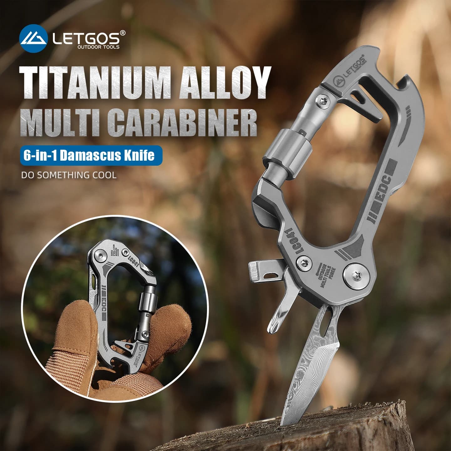 LETGOS מחזיק מפתחות טיטניום 6-ב-1 בסגנון דמשק - כלי EDC רב-תכליתי