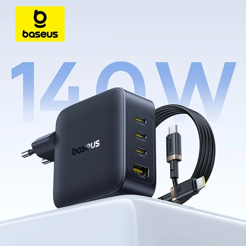 מטען קיר שחור Baseus 140W GaN עם שלוש יציאות USB-C, יציאת USB-A וכבל USB-C