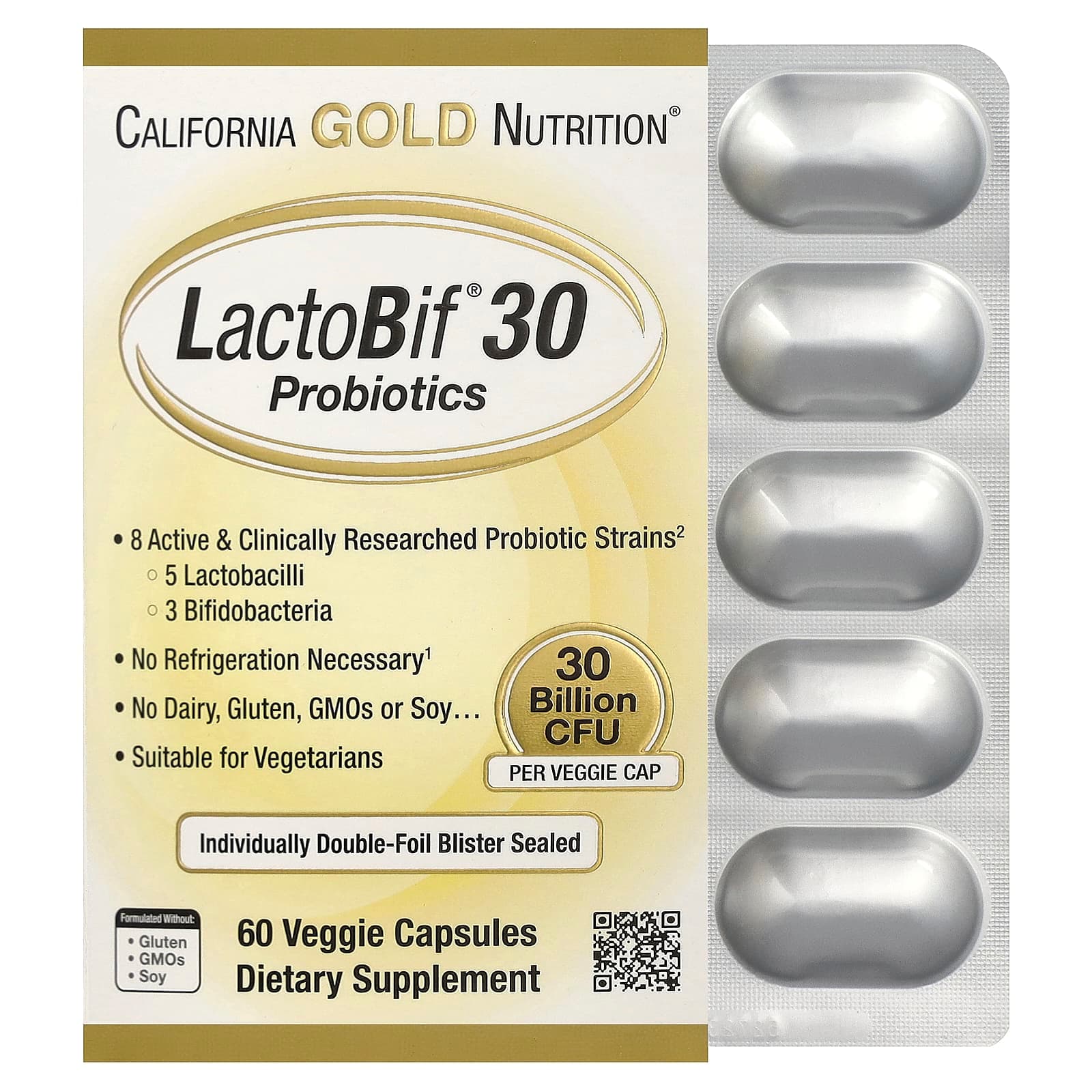 קופסת California Gold Nutrition LactoBif 30 עם 60 קפסולות טבעוניות בבליסטר כפול