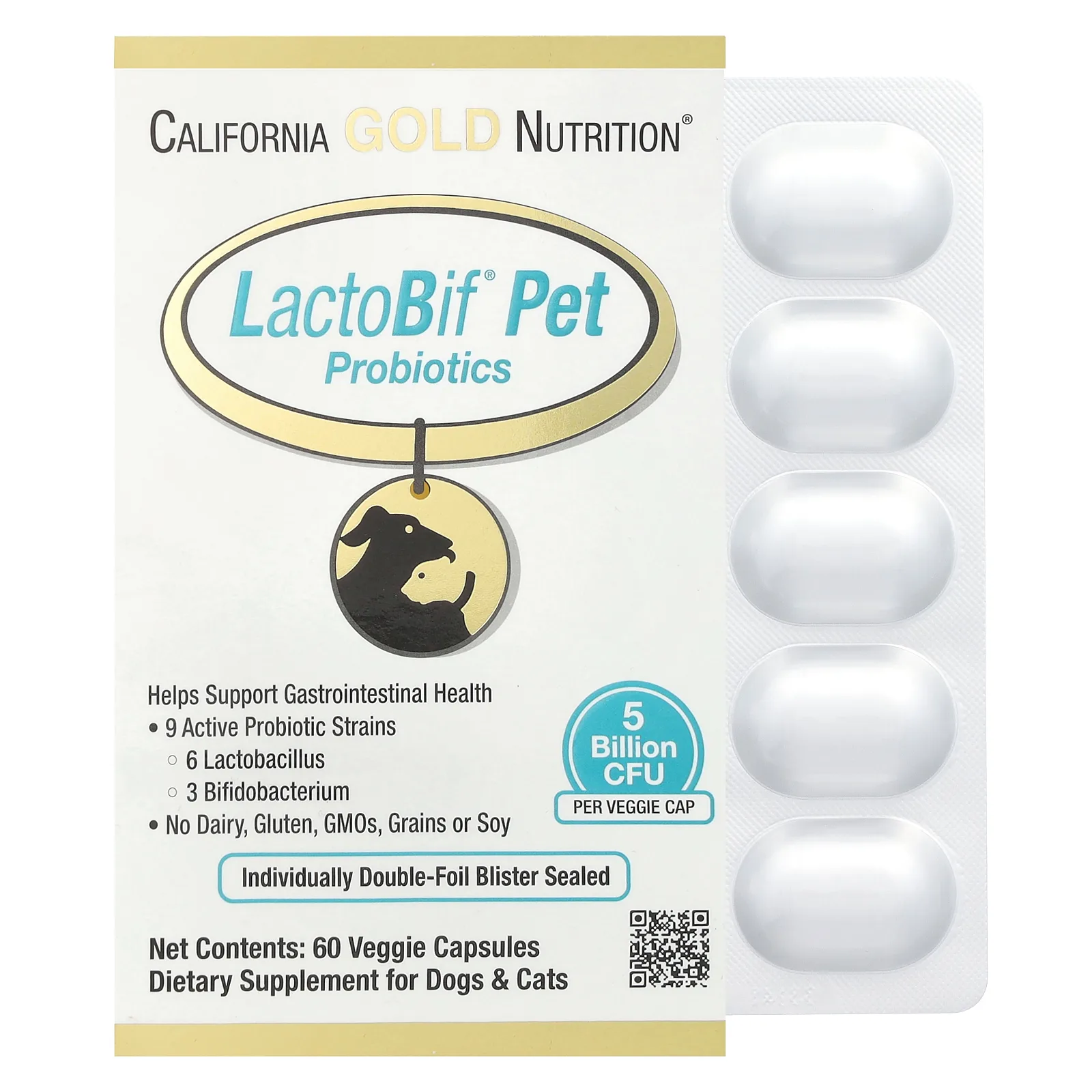 קופסת California Gold Nutrition LactoBif Pet Probiotics עם בליסטר 60 כמוסות