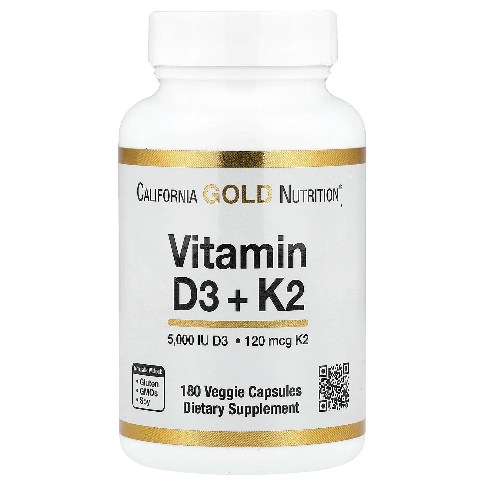 בקבוק California Gold Nutrition Vitamin D3 + K2, 180 כמוסות צמחיות, תווית לבנה-כחולה