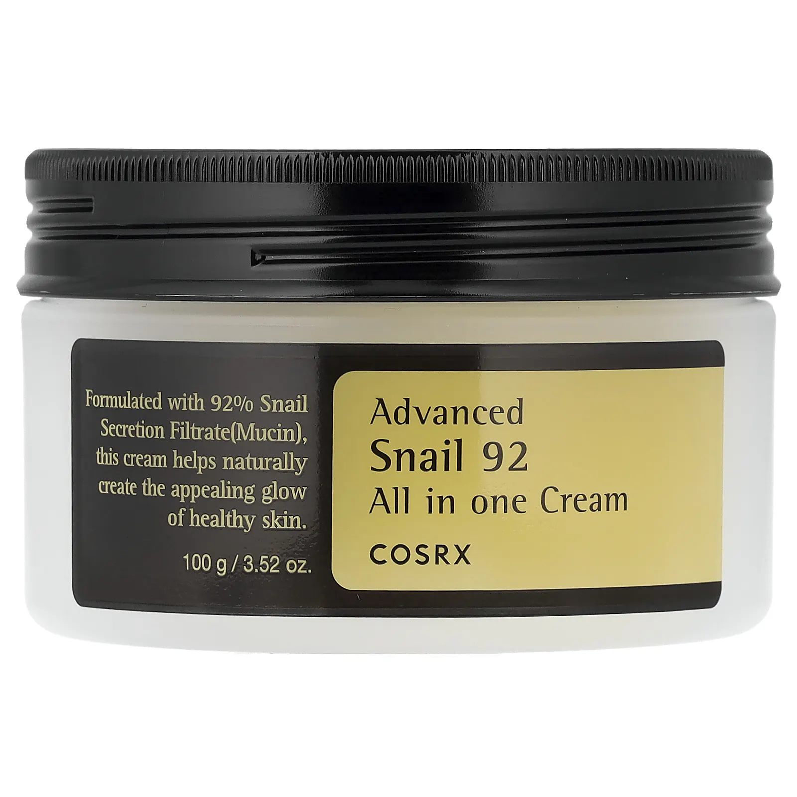 צנצנת CosRx Advanced Snail 92 All in One Cream, 100 גרם, עם מכסה שחור