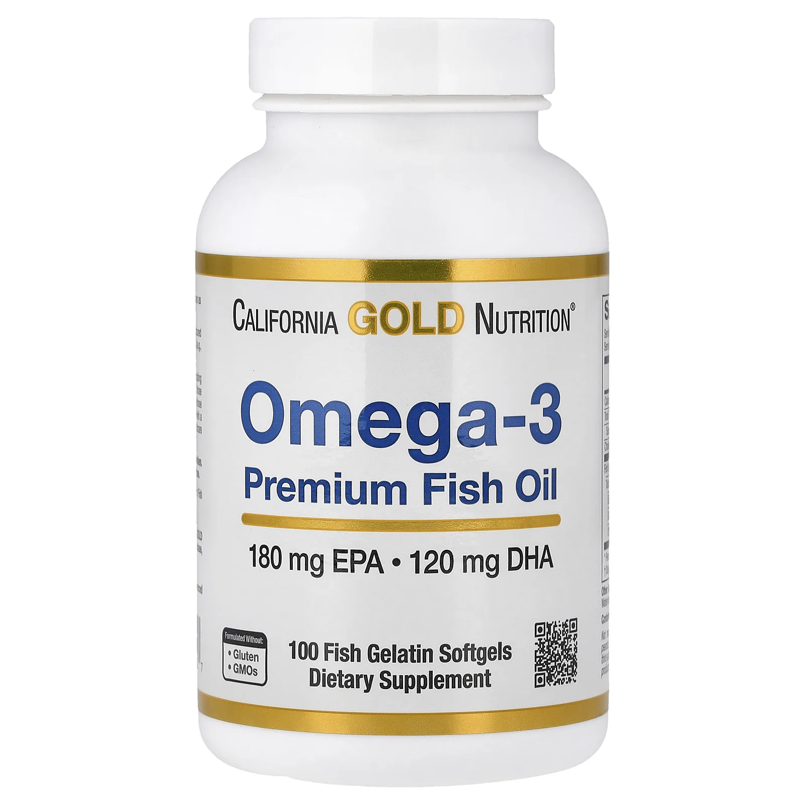 בקבוק California Gold Nutrition Omega-3 Premium Fish Oil עם 100 כמוסות ג'לטין דגים