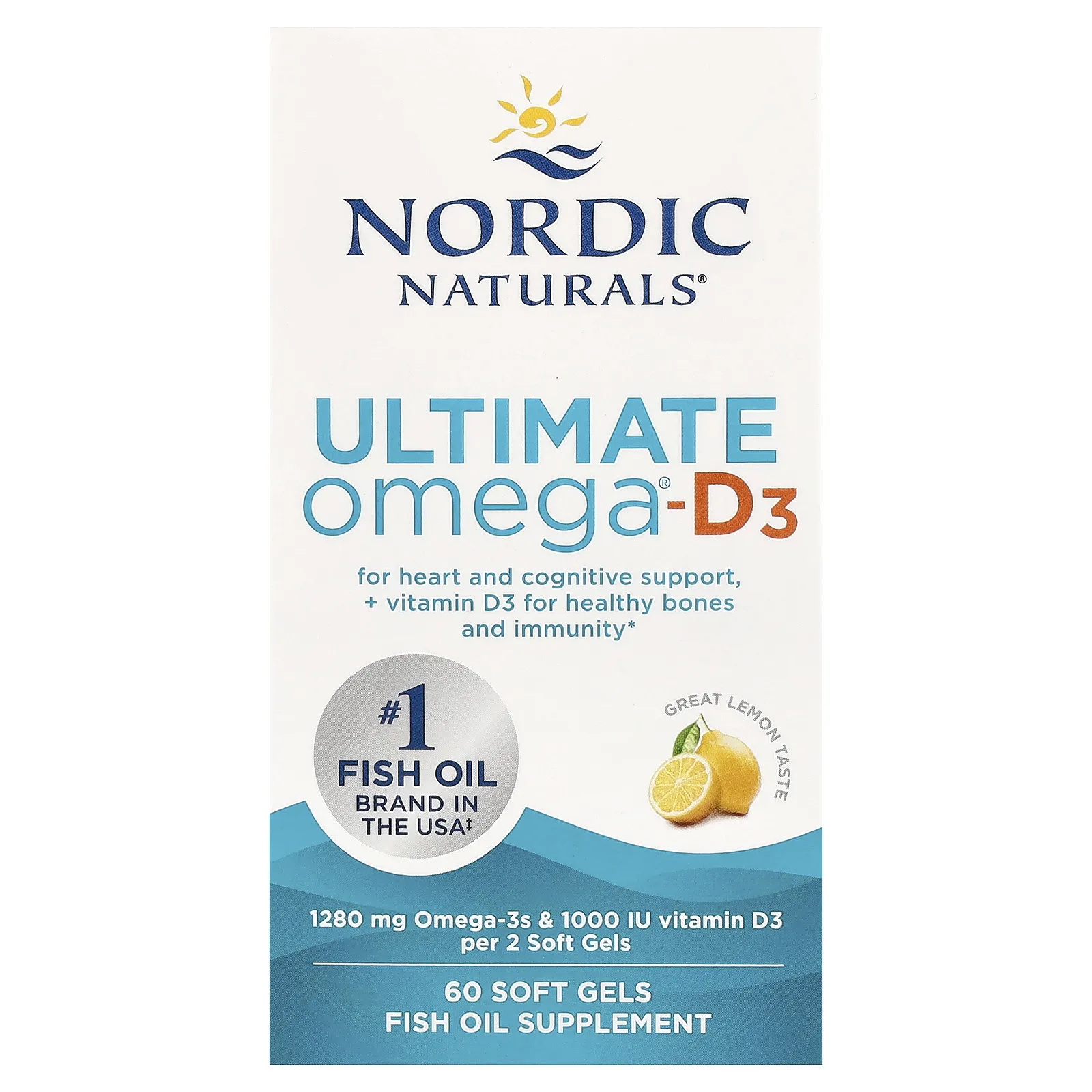אריזת Nordic Naturals Ultimate Omega-D3 בטעם לימון, 60 כמוסות רכות