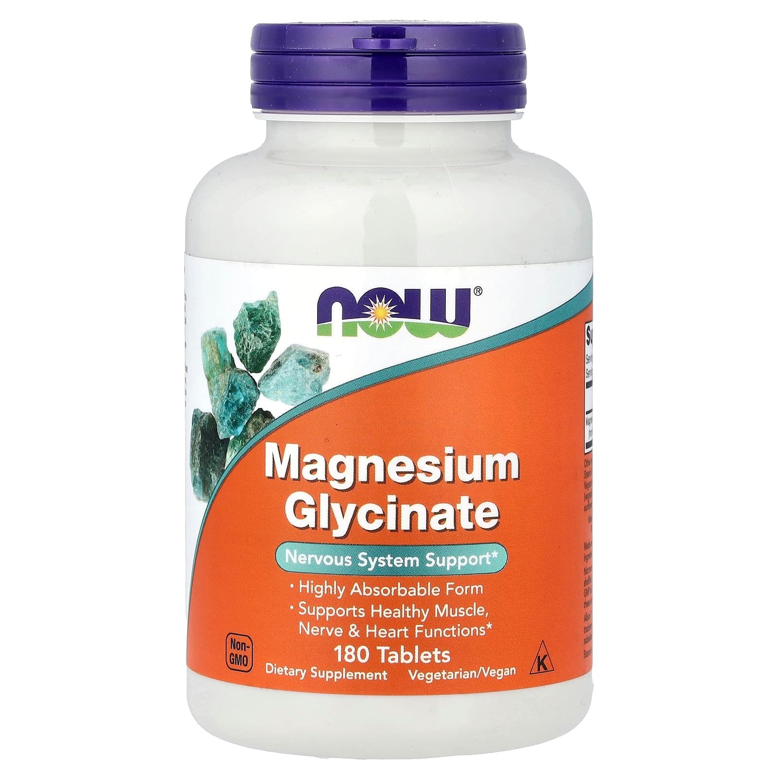בקבוק לבן עם פקק סגול של NOW Foods Magnesium Glycinate, 180 טבליות