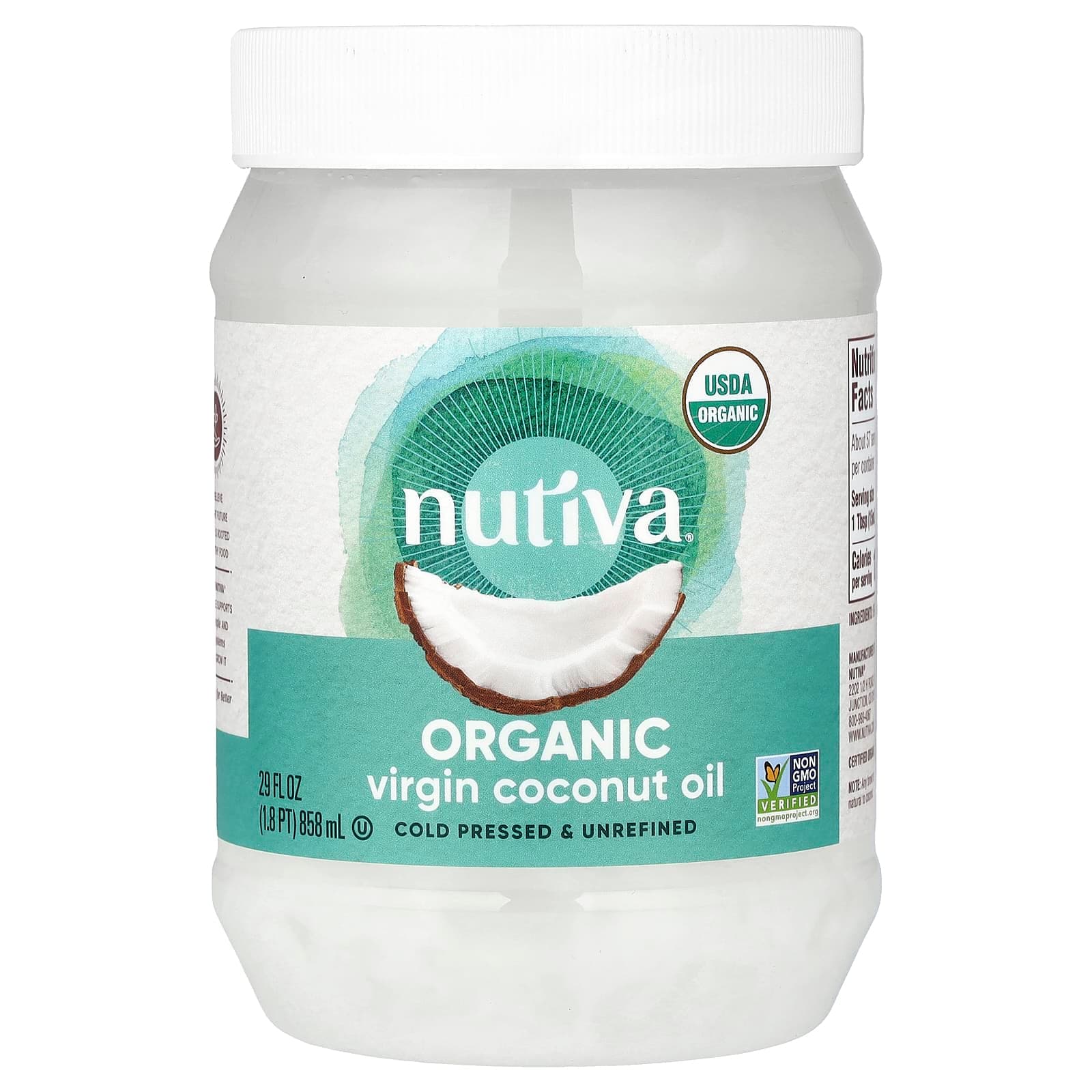 בקבוק Nutiva Organic Virgin Coconut Oil בנפח 858 מ"ל