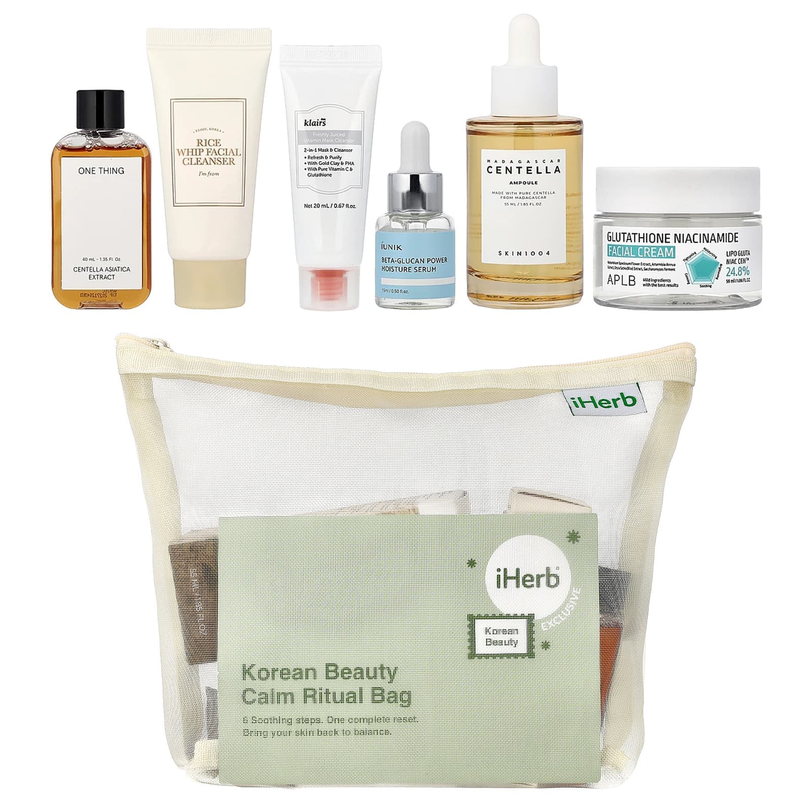 ערכת Korean Beauty Calm Ritual Bag של iHerb עם שש מוצרי טיפוח ושקית רשת שקופה