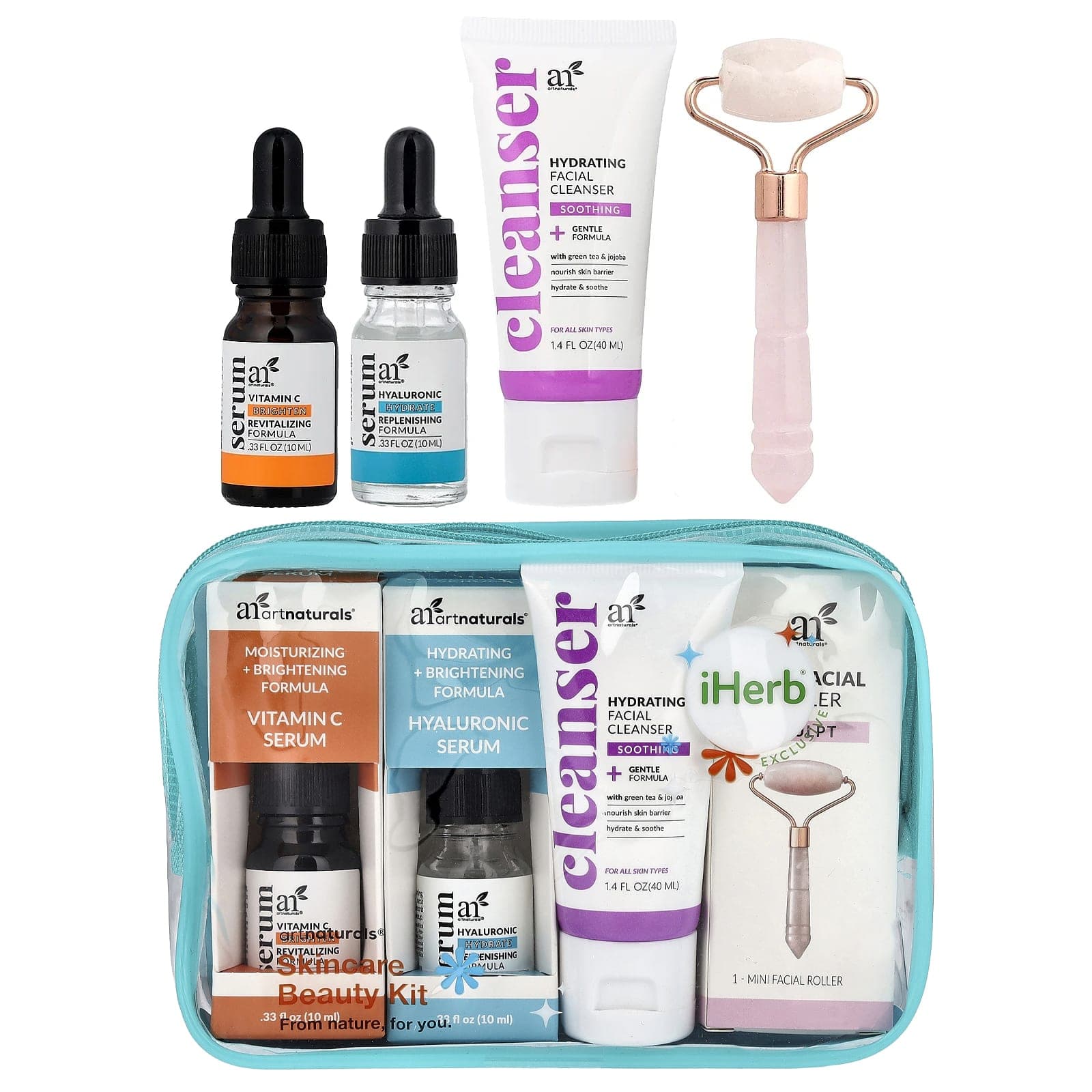 סט טיפוח Artnaturals 5 חלקים – סרום ויטמין C, סרום היאלורוני, קלינסר וגלגלת פנים מג'ייד