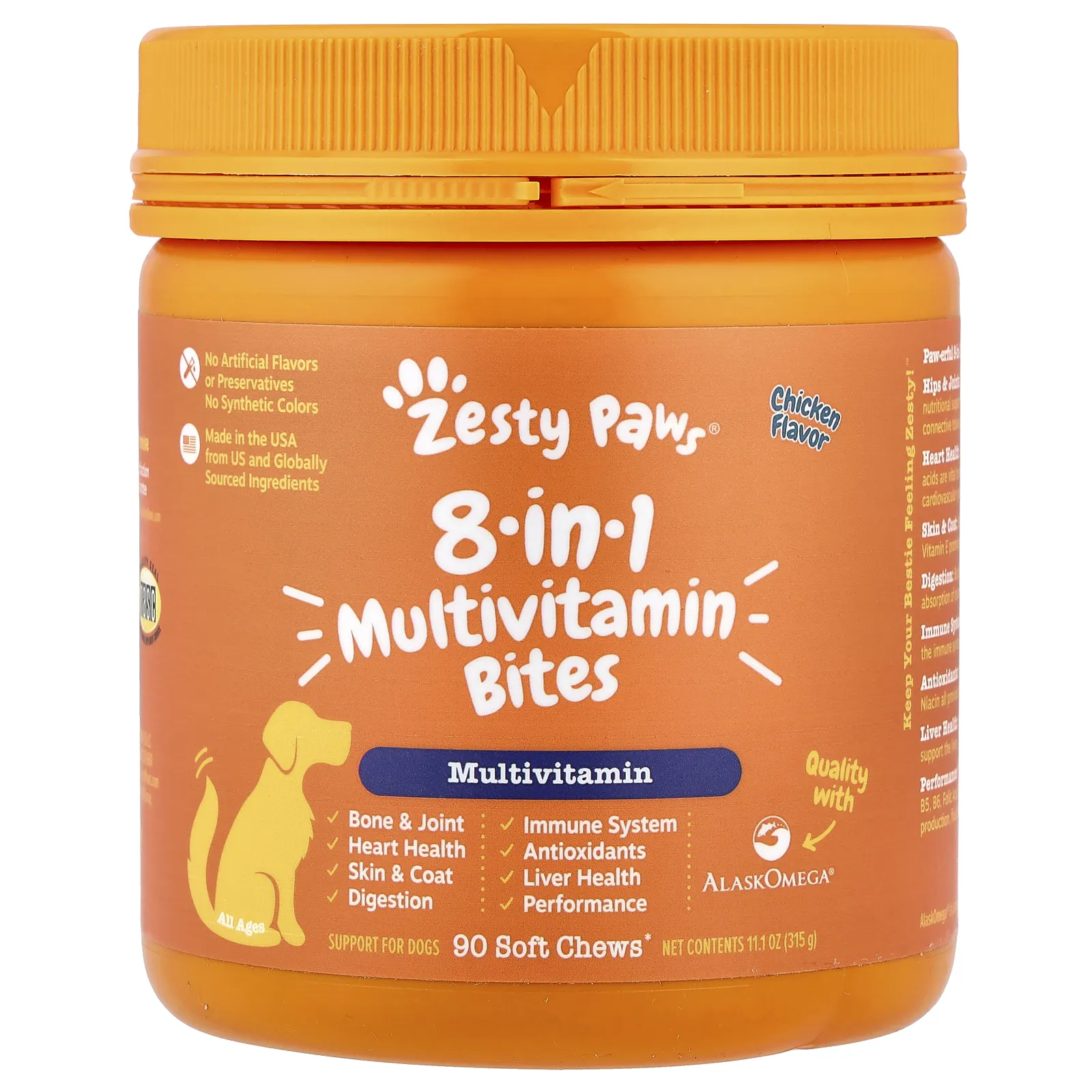צנצנת כתומה Zesty Paws 8-in-1 Multivitamin Bites בטעם עוף, 90 חטיפים