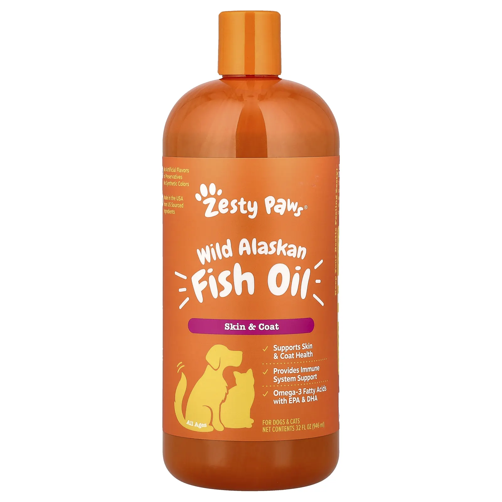 בקבוק כתום Zesty Paws Wild Alaskan Fish Oil 32 אונקיות נוזל