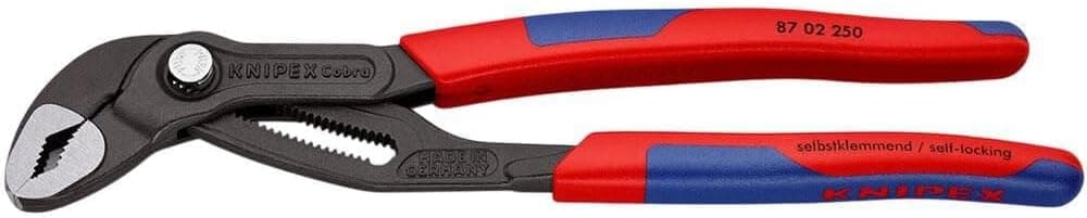 פלייר Knipex Cobra 87 02 250 שחור עם ידיות אדום-כחול וכיתוב self-locking